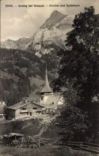 Ak Gsteig bei Gstaad Kanton Bern, Kirche, Spitzhorn