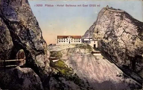 Ak Kanton Luzern Schweiz, Pilatus, Hotel Bellevue mit Esel