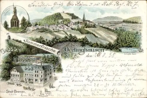 Litho Oerlinghausen in Lippe, Panorama, Hermannsdenkmal, Hotel Stadt Bremen