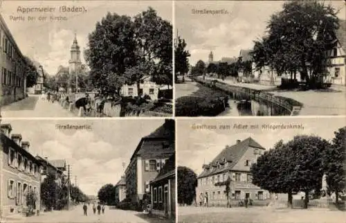 Ak Appenweier in Baden Schwarzwald, Straßenpartie, Gasthaus zum Adler, Kirche, Kriegerdenkmal