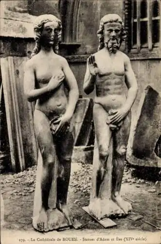 Ak Rouen Seine Maritime, Cathedrale, Statue d'Adam et Eve