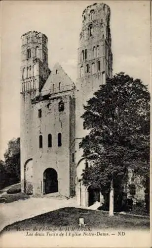 Ak Jumieges Seine Maritime, Ruines de l'Abbaye, Les deux Tours de l'Eglise Notre-Dame