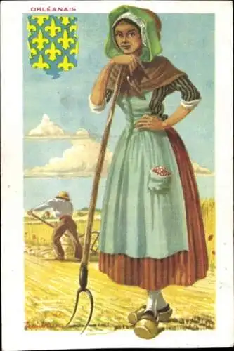 Wappen Künstler Ak Orelanais, Frau in Tracht, Landwirtschaft