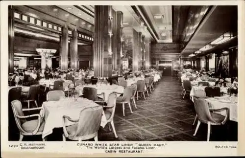 Ak Cunard White Star Liner Queen Mary, Kabinenrestaurant