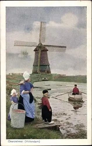 Ak Volendam Nordholland Niederlande, Overzetveer, Niederländische Tracht, Windmühle