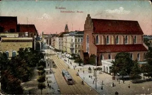 Ak Wrocław Breslau Schlesien, Schweidnitzer Straße, Straßenbahn
