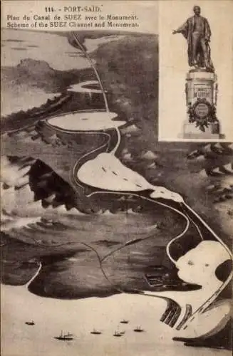 Ak Suez Ägypten, Schema des Suez-Kanals und Lesseps Denkmal
