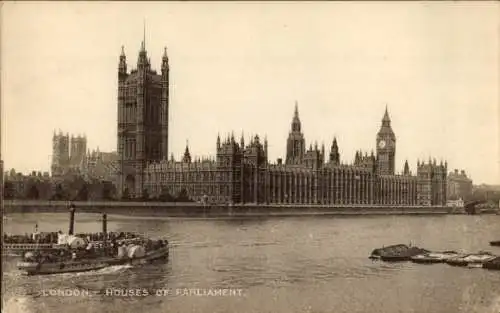 Ak City of Westminster London England, The Houses of Parliament, Raddampfer