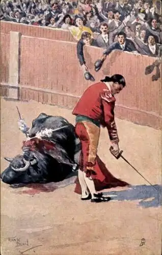 Künstler Ak Dean, F., Torero, Getöteter Stier, Arena, Zuschauer