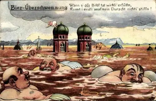 Künstler Ak München, Hofbräuhaus, Frauenkirche, Bier-Überschwemmung, Gedicht