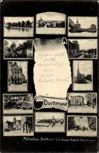 Ak Dortmund im Ruhrgebiet, Brücke, Park, Kirche, Panorama, Statue