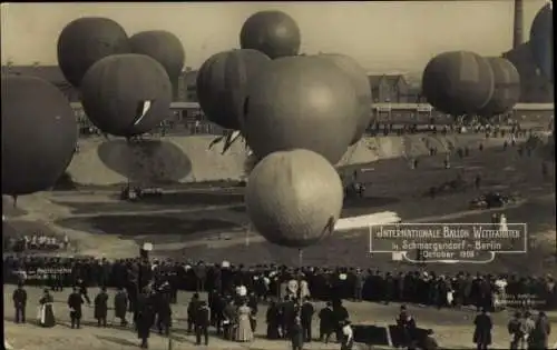 Ak Berlin Wilmersdorf Schmargendorf, Int. Ballon Wettfahrten Oktober 1908, Ballons, Zuschauer