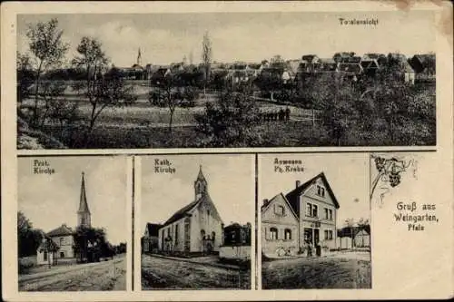 Ak Weingarten in der Pfalz, Gesamtansicht, Prot. Kirche, Kath. Kirche, Anwesen Ph. Krebs