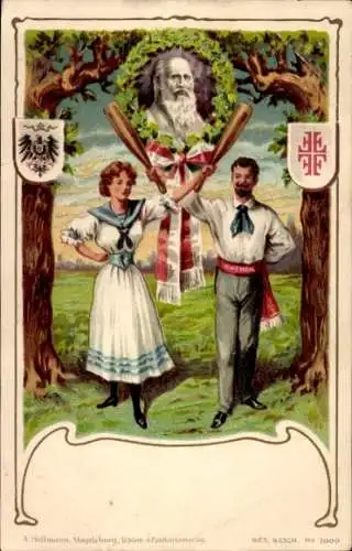 Litho Deutscher Turnerbund, Turner mit Kegeln, Turnvater Jahn