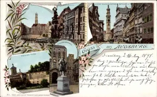 Litho Augsburg, Fuggerdenkmal, Rotes Tor, Herkulesbrunnen, Maximilianstraße
