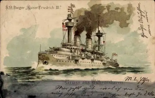Künstler Litho Siehl, Deutsches Kriegsschiff, SMS Kaiser Friedrich III, Panzerschiff