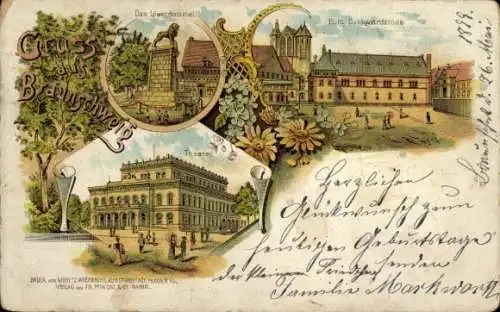 Litho Braunschweig in Niedersachsen, Löwendenkmal, Theater, Burg Dankwarderode