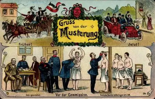 Ak Gruß von der Musterung, Früher, Jetzt, Kommission, Soldaten