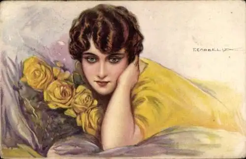 Künstler Ak Corbella, T., Portrait einer jungen Frau, Gelbe Rosen