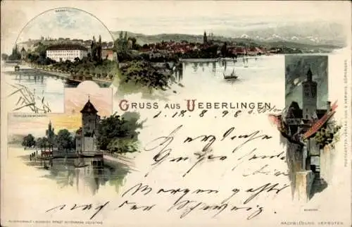 Litho Überlingen am Bodensee Baden Württemberg, Pavillon, Badhotel, Münster