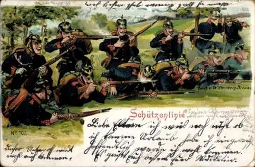 Litho Schützenlinie, Deutsche Soldaten in Uniformen, Übungsplatz, Kaiserzeit