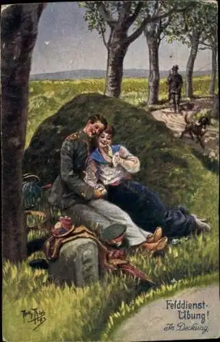 Künstler Ak Thiele, Arthur, Felddienstübung, In Deckung, Soldat mit Frau