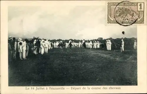 Ak Brazzaville Französisch-Kongo, Start des Pferderennens, 14. Juli