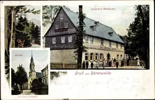Ak Bärenwalde Crinitzberg in Sachsen, Kirche, Leistner´s Restaurant