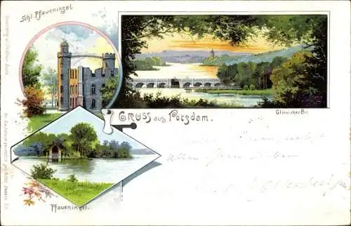 Litho Potsdam in Brandenburg, Glienicker Brücke, Pfaueninsel, Schloss