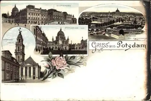 Litho Potsdam in Brandenburg, Stadtschloss, Garnison Kirche, Blick vom Brauhausberg