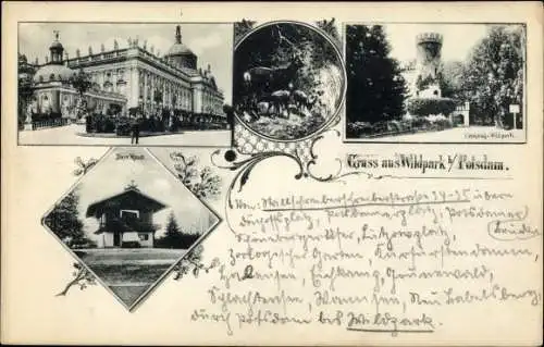 Ak Wildpark Potsdam in Brandenburg, Eingang, Rehe, Bayrisches Haus, Neues Palais
