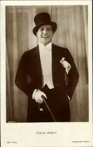 Ak Schauspieler Carlo Aldini, Portrait,  mit Gehstock, Ross 3952/1, Zylinder, Smoking