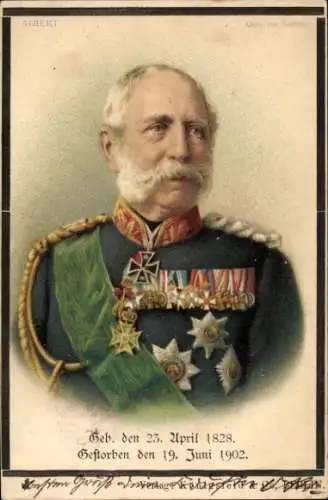 Litho König Albert von Sachsen, Portrait in Uniform, Orden, Trauerkarte zum Tod 1902