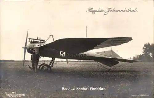 Ak Berlin Treptow Johannisthal, Flugplatz, Pilot Beck mit Kondor Eindecker, Sanke 180