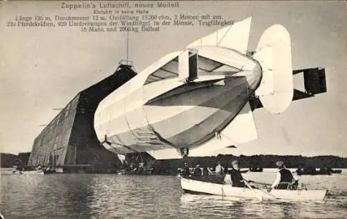 Ak Graf Zeppelin's Luftschiff, neues Modell, Einfahrt in die schwimmende Halle, Bodensee, Ruderboot