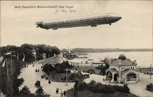 Ak Berlin Reinickendorf Tegel, Graf Zeppelin's Motorluftschiff über dem Tegeler See, Promenade