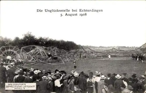 Ak Leinfelden-Echterdingen, zerstörtes Luftschiff LZ 4, Unglücksstelle 5. August 1908, Zeppelin