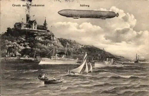 Ak Hamburg Altona Blankenese, Zeppelin über dem Süllberg, Schiffe auf der Elbe