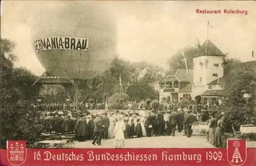 Ak 16. Deutsches Bundesschießen Hamburg 1909, Restaurant Rotenburg, Ballon Germania Bräu