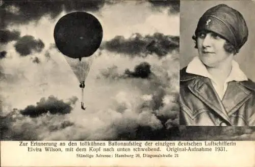 Ak Kunstluftschifferin Elvira Wilson, frei schwebend an einem Ballon 1931, Portrait