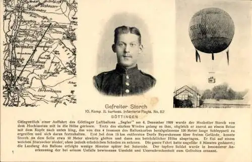 Ak Göttingen, Gefreiter Storch, 10. Komp. II. kurhess. Infanterie Regt. No. 82, Ballon Segler, 1909