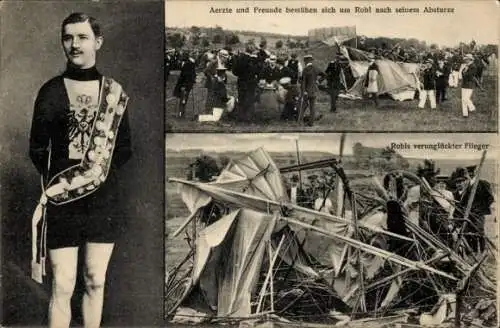 Ak Radrennfahrer Thaddäus Robl, Flugzeugabsturz 1910, Trümmer des Fliegers