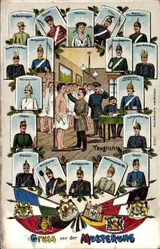 Litho Gruß von der Musterung, Kürassier, Train, Luftschiffer, Pionier, Artillerie, Infanterie