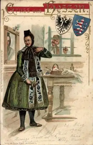 Wappen Präge Litho Junge Frau in hessischer Tracht, Bauernstube, Mann am Fenster