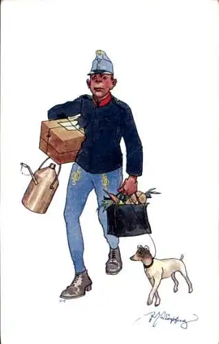 Künstler Ak Schönpflug, Fritz, Kuk Soldat in Uniform, Einkäufe, Hund, BKWI