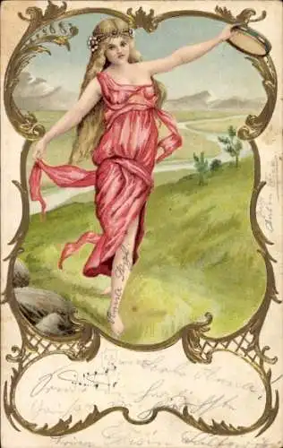 Jugendstil Präge Passepartout Ak Junge Frau mit Tamburin