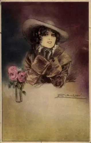 Künstler Ak Mauzan, Frauenportrait, Mantel, Hut