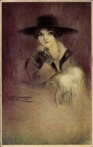 Künstler Ak Mauzan, Portrait einer Frau mit Hut