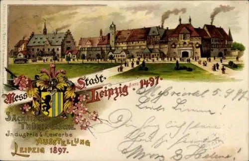 Wappen Litho Leipzig, Sächsisch Thüringische Industrie und Gewerbeausstellung 1897, Stadt Anno 1497