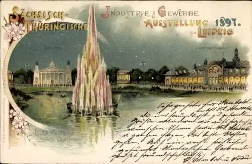 Litho Leipzig, Sächsisch Thüringische Industrie und Gewerbeausstellung 1897, Lichtfontaine, Theater